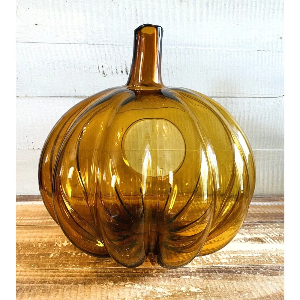 Vintage Blown Amber Glass Pumpkin Candle Holder Poland 10
